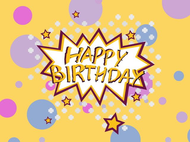 Colorful and energetic 'Happy Birthday' background featuring a comic book style design with stars and circles. Ideal for creating festive birthday invitations, greeting cards, or celebratory event decorations. The vivid colors and playful elements make it appealing for both children and adults, adding excitement and joy to any birthday celebration.