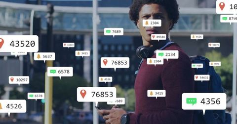 Connected student with notifications in urban environment