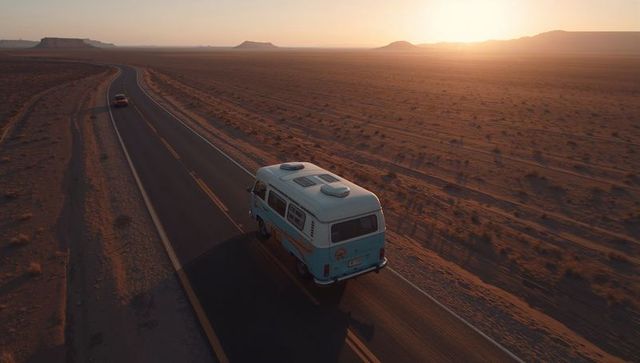 Retro van journey on desert highway at sunrise