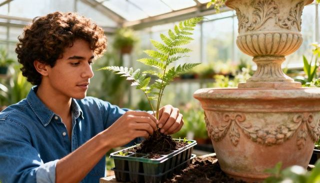 Young man transplanting fern at potting bench in sunlit greenhouse, tending plants