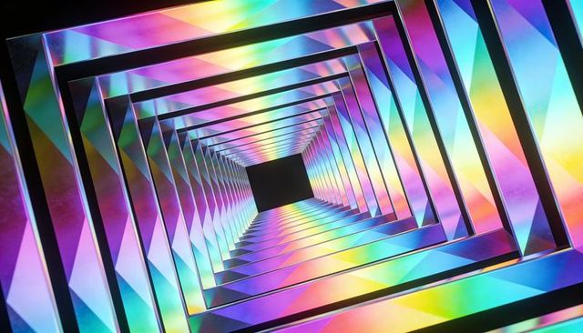Iridescent prism tunnel drawing viewer into vortex geometric void with rainbow reflections