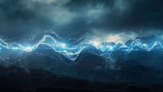 Futuristic Digital Wave Over Mountain Range at Night
