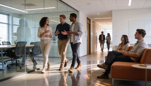 Three coworkers walking and talking in modern office corridor with glass meeting room