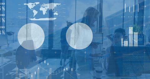 Business analysis in modern office with digital interface overlay