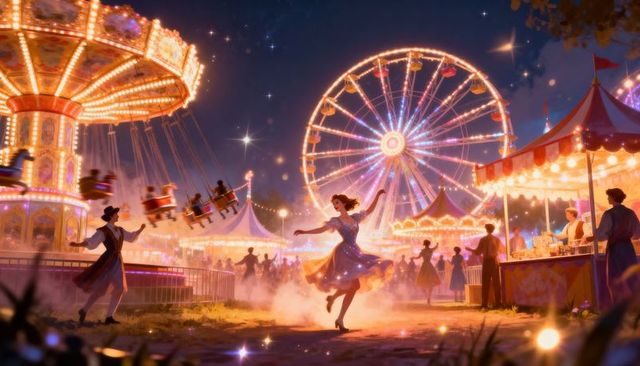 Twirling woman dancing beneath glowing ferris wheel and carousel lights night carnival