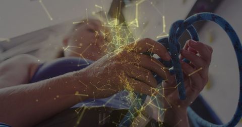 Data Processing Overlay on Female Rock Climber at Gym