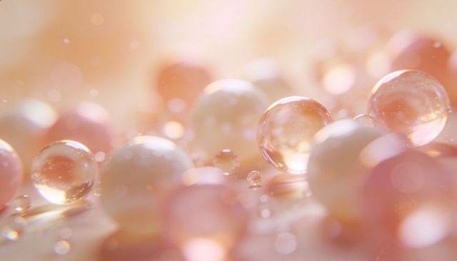 Glowing cluster of translucent glass droplets and pearlescent orbs with soft pastel bokeh