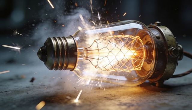 Vintage edison bulb glowing with mesh filament and sparks on workshop bench