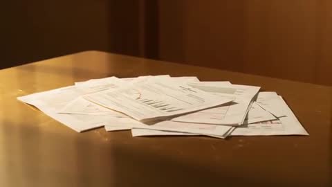 Shifting camera revealing stack of printed reports with red annotations on wooden desk