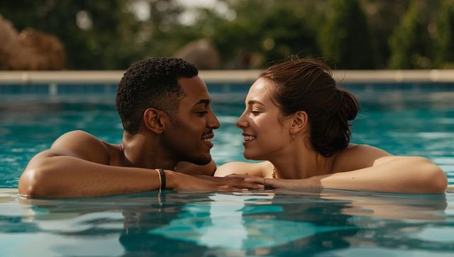 Sunlit romantic couple leaning on pool edge smiling and sharing intimate moment together