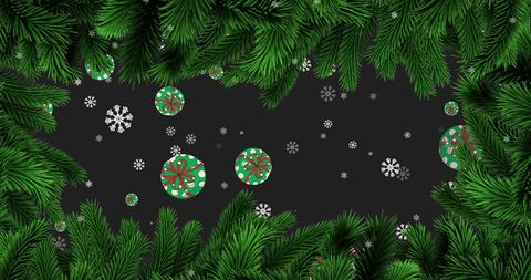 Festive christmas baubles and snowflakes with fir framing