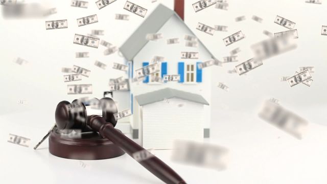 Dollar bills flying around a 3D house model with a gavel spinning signifies real estate transactions, auctions, and financial decisions. Suitable for content on real estate investment, buying property, auction processes, home ownership, and mortgage finance topics.