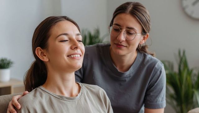 Caregiver comforting young woman on sofa at home, relaxed companionship and support