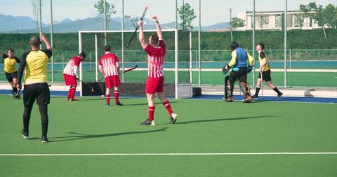 Field hockey match teamwork and excitement on artificial turf