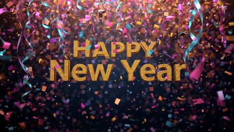 Gold glitter happy new year text with colorful confetti, ribbons and sparkling bokeh