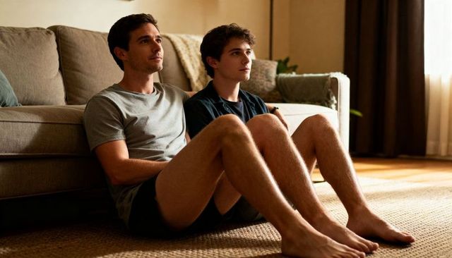 Two men sitting on floor leaning against sofa sharing quiet moment in cozy living room