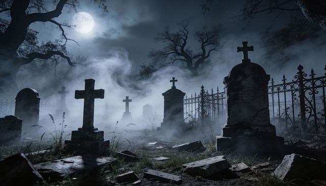 Moonlit foggy graveyard with moss-streaked stone cross and wrought-iron fence
