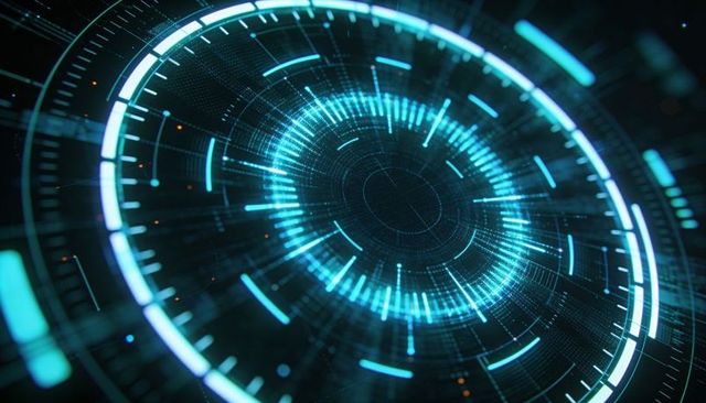 Rotating Teal HUD Interface with Concentric Data Rings and Radial Bars for AI Dashboards