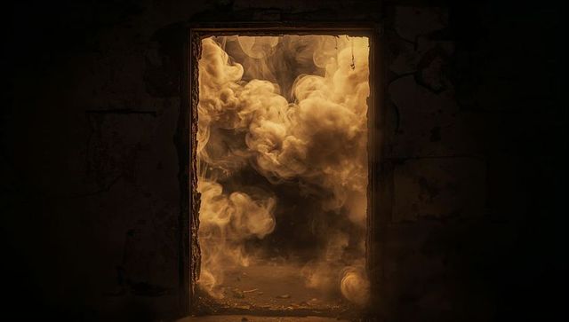 Mysterious doorway with glowing smoke in abandoned building