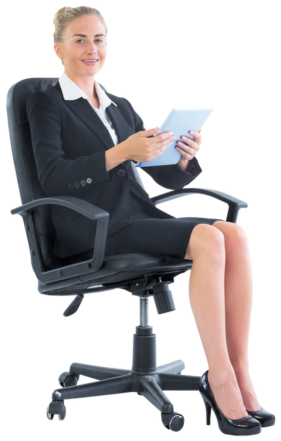 Blonde Businesswoman Sitting on Swivel Chair with Tablet and Smart Outfit Transparent - Download Free Stock Videos Pikwizard.com