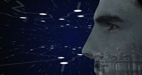 Visionary Gaze at Futuristic Digital Landscape and Cityscape Fusion