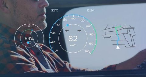 Driver navigating with augmented hud displaying speed battery level and navigation route