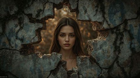 Woman Gazing Through Cracked Wall in Rustic Woodland Scene