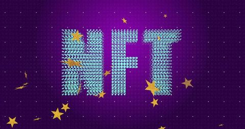 Nft letters forming from turquoise avatars on neon purple grid with gold stars