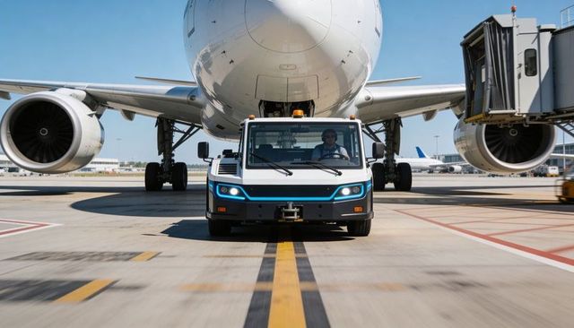 Tow tractor aligning widebody jet nose on airport ramp for pushback operations