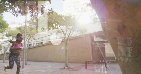 Sunlit urban jogger running along plaza wall with data overlays for fitness tech concept
