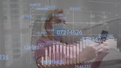 Masked Woman Analyzing Data on Smartphone with Graph Overlays