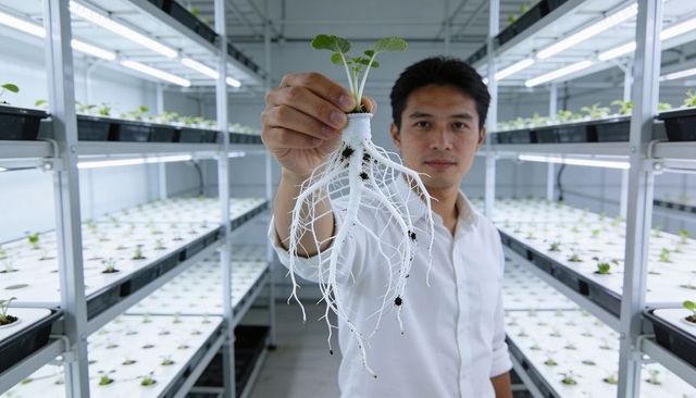 Asian researcher holding seedling showing white roots in hydroponic vertical farm lab
