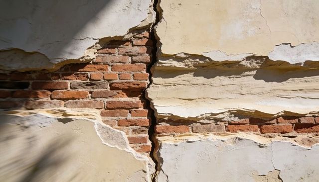 Cracked plaster revealing red brick and vertical fissure on weathered exterior facade