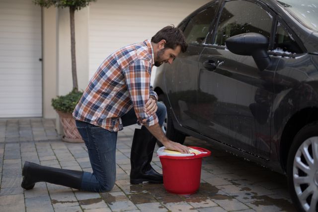 Man washing car with sponge and bucket on a sunny day. Ideal for use in articles or advertisements related to car maintenance, weekend activities, DIY cleaning tips, or automotive care products. The image showcases a casual and productive moment, perfect for a home setting or lifestyle context.