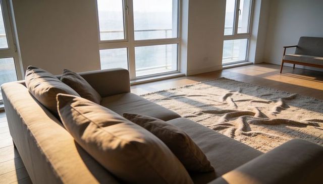 Sunlit Minimalist Living Room with Neutral Sofa, Textured Rug and Floor-to-Ceiling Windows