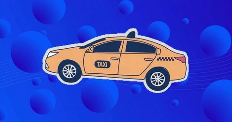 Yellow Taxi Sedan Illustration Cruising on Blue Gradient Background with Checkered Detail