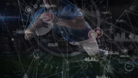 Rugby Player Data Overlay Illustrating Modern Technology in Sports