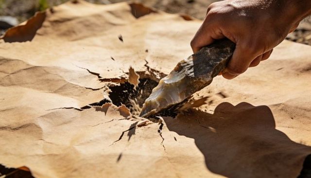 Hand pressing flint tool into leather hide, stone flakes flying in sunlit outdoor field