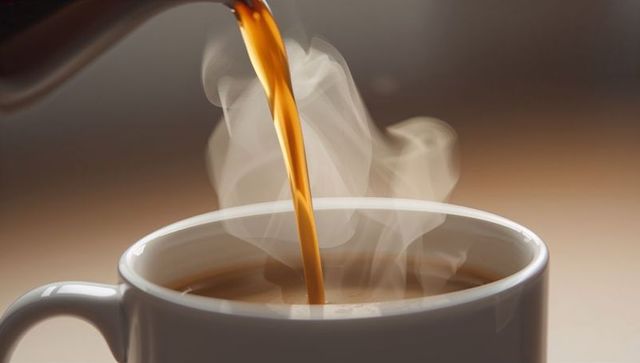Pouring steaming dark coffee into white ceramic mug closeup, rising aromatic steam