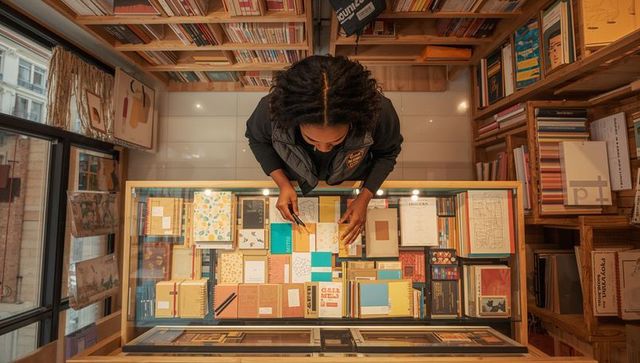 Overhead clerk arranging journals and stationery in glass display case at independent bookstore