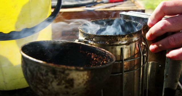 Beekeeper using a smoker to calm bees - Download Free Stock Images Pikwizard.com