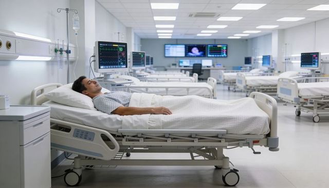 Male patient resting in modern hospital ward receiving iv infusion while ecg monitored
