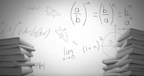 Mathematical Formulas on Whiteboard with Stacked Books