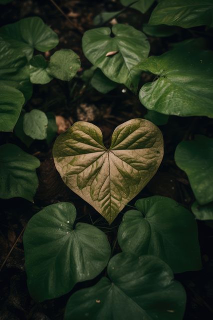 Heart-shaped leaf naturally blending in among a variety of green foliage on a forest floor. Attractive detail for environmental or nature-themed publications, gardening blogs, eco-friendly product advertisements, home decor ideas, and botanical study materials. Highlights the uniqueness of plant life and the aesthetics of natural forms.