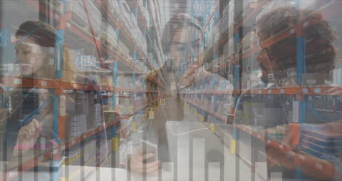 Business Professionals Analyzing Digital Financial Data Overlay in Warehouse