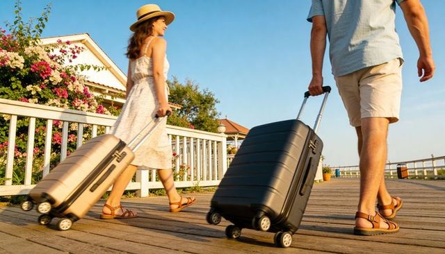 Couple walking along boardwalk pulling rolling suitcases at golden hour near seaside