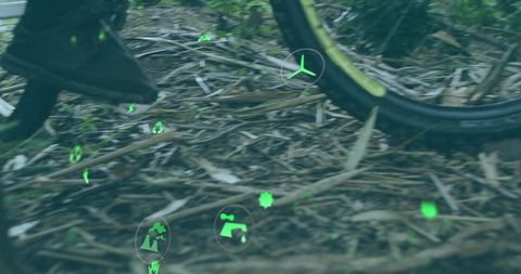 Cyclist Pedaling in Forest with Eco-Friendly Digital Icons