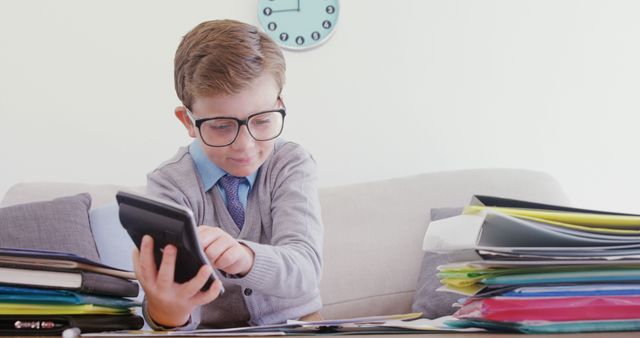 A young Caucasian boy dressed as a businessman is calculating finances or doing homework, with copy space. His oversized glasses and formal attire add a humorous touch to the depiction of a child in an adult role.