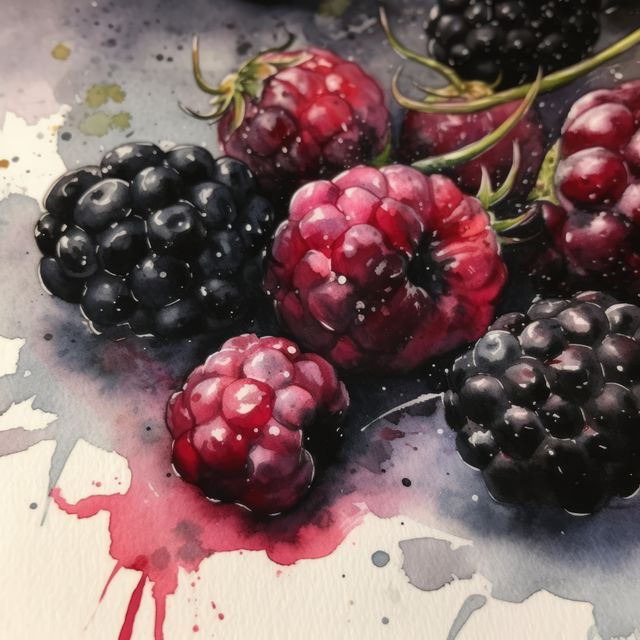 Beautiful depiction of fresh raspberries and blackberries on a vibrant watercolor art background. Ideal for use in advertisements related to organic foods, foodie blogs, art showcases, healthy eating campaigns, or creative culinary presentations.