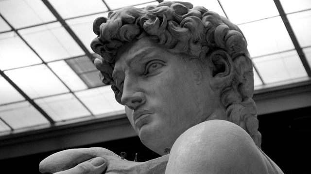 This close-up black and white shot of Michelangelo's David sculpture highlights the intricate details of this Renaissance masterpiece. Ideal for illustrating themes relating to classical art, history, Italian culture, or Renaissance artistry. Perfect for educational materials, art history publications, or inspiring desktop wallpapers.